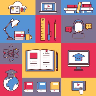 Online eğitim kolaj, vektör illüstrasyon. Renkli çıkartmalar, eğitim sürecinin düz çizgi simgeleri, üniversite çalışması, internet kursu