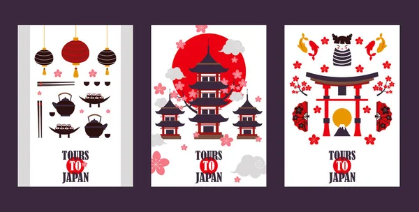 Banderas de gira de Japón, ilustración vectorial. Símbolos de la cultura asiática, monumentos turísticos populares. Pagoda, torii gate, sushi, té y otras atracciones japonesas — Vector de stock