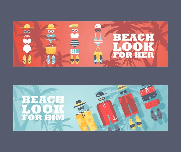 Vacaciones de verano en la playa, ilustración vectorial. Banners con trajes de baño, ropa de verano y accesorios para hombres y mujeres. Playa traje de baño tienda de diseño de publicidad — Vector de stock