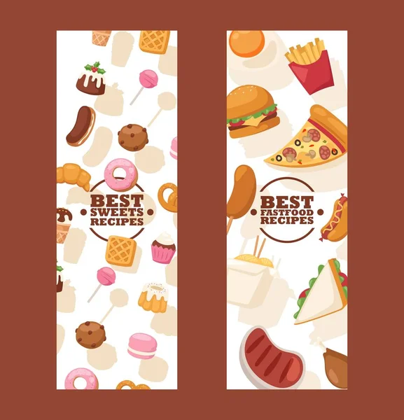 Skräpmat banners, vektor illustration. Webbplatsannons för gatukafé eller matleverans sida. Pizza, hamburgare, pommes frites och andra snabbmats ikoner. Godisbutik — Stock vektor