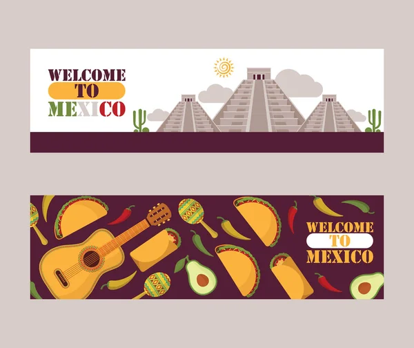 Mexico sightseeing tour banners, vector illustration. Mexican culture flat icons, national cuisine and tourist attractions. Traditional local food, historic landmarks, music, Mexico travel banners — Stock Vector