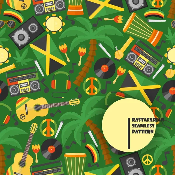Ямайка растафари бесшовный шаблон, векторная иллюстрация. Плоский стиль иконы ямайской культуры и регги музыки. Изолированные иконы растафарского образа жизни — стоковый вектор