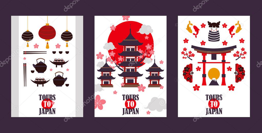 Japan tour banners, vector illustration. Symbols of Asian culture, popular tourist landmarks. Pagoda, torii gate, sushi, tea and other Japanese attractions