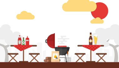 Barbekü piknik vektör illüstrasyon. Açık havada ızgara, yaz hafta sonu, ateşte yemek pişirmek. Düz tarzda basit arka plan. Barbekü partisi için kurulum, açık oturma ahşap masalar. Avluda cookout