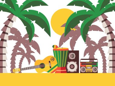 Reggae müzik plaj parti, vektör illüstrasyon. Palmiye ağaçlarının altındaki kumda müzik aletleri. Jamaika reggae müzik festivali için gitar ve perküsyon