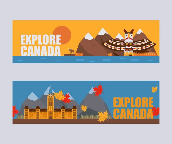Símbolos y puntos de referencia canadienses, ilustración vectorial. Banderas de estilo plano, encabezados para el sitio web de la agencia de viajes de Canadá. Atracciones naturales, arquitectónicas y culturales de Canadá — Vector de stock