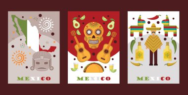 Mexican symbols for souvenir cards, vector illustration. Banners with touristic icons of Mexico, local cuisine and music, traditional clothes poncho and sombrero. Mexican style party invitation.