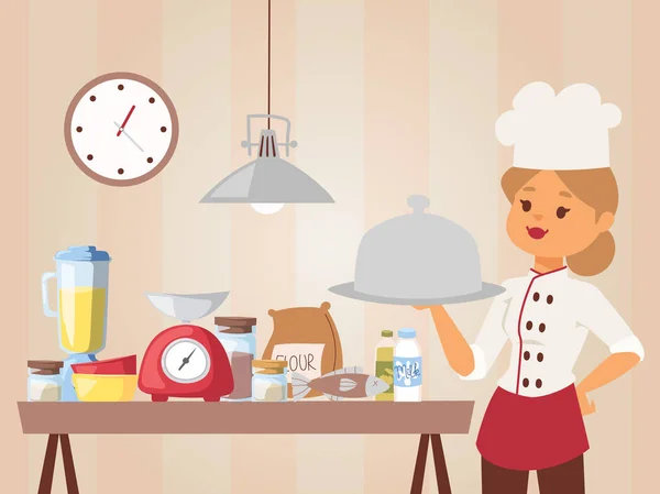 Mujer chef da clases de cocina, ilustración vectorial. Chica en uniforme de cocinero sosteniendo un plato con comida cocida. Configuración de la cocina para hornear, ingredientes alimentarios en la mesa. Chef profesional, personaje de dibujos animados . — Vector de stock