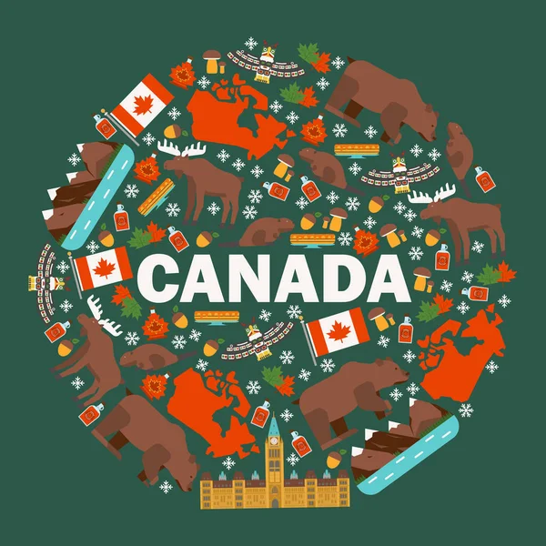 Símbolos canadienses y principales hitos, ilustración vectorial. Iconos de estilo plano de Canadá en composición de marco redondo. Atracciones naturales, arquitectónicas y culturales de Canadá — Vector de stock