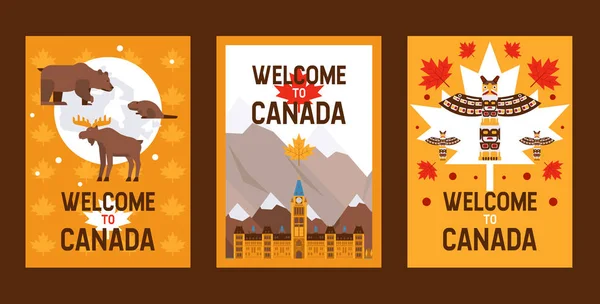 Simboli canadesi e punti di riferimento, illustrazione vettoriale. Set di striscioni in stile piatto per volantini delle agenzie di viaggio canadesi. Attrazioni naturali, architettoniche e culturali del Canada — Vettoriale Stock