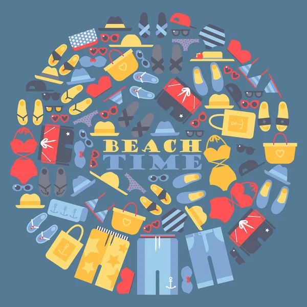 Zomer vakantie op het strand, set van iconen in ronde frame compositie. Vector illustratie met zomer kleren en accessoires, vakantie items voor strand tijd. Geïsoleerde elementen in platte stijl — Stockvector