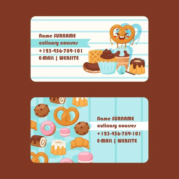 Bakery or pastry shop business card, vector illustration. Culinary course, baking class advertisement. Baked cakes, desserts and cookies in flat style. Smiling pretzel — Stock Vector