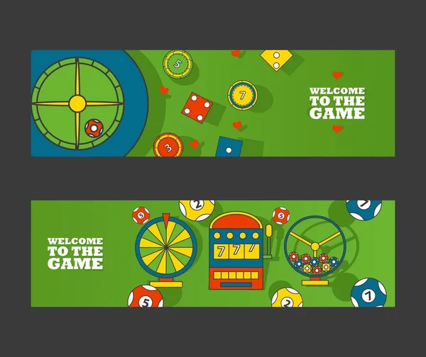 赌场邀请横幅，矢量插图。简单的平面图标赌博的绿色背景，欢迎到游戏。赌骰子，轮盘旋转，台球和赌场筹码 — 图库矢量图片