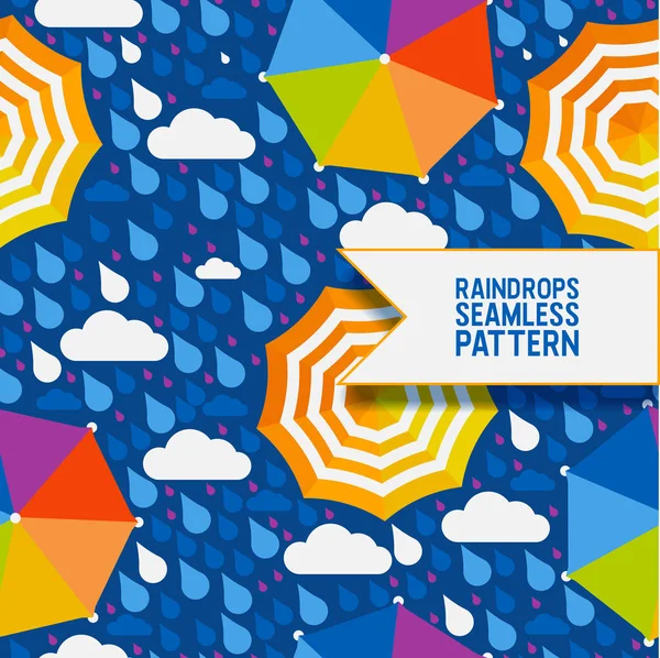 Regentropfen und Regenschirm nahtloses Muster, Vektorillustration. abstrakter Hintergrund im flachen Stil, regnerisches Herbstwetter. bunte offene Schirme unter Regen und Wolken — Stockvektor