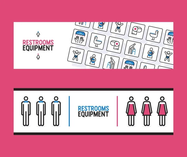 Restroom utrustning leverans banner, vektor illustration. Offentlig toalett serviceföretag annonsrubrik. WC-möbler för flygplats, restaurang, tågstation och hotell — Stock vektor