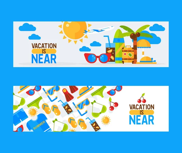 Zomer vakantie banner, vector illustratie. Reisbureau Seaside Tour advertentie, leuke strandactiviteiten voor het hele gezin. Vakantie reisaccessoires — Stockvector