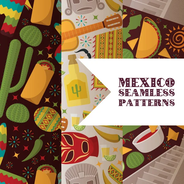 Mexico symbols seamless pattern, vector illustration. Mexican culture flat icons, national cuisine and tourist attractions. Sightseeing tour in Mexico, local food, historic landmarks. Wrapping paper. — Stock Vector
