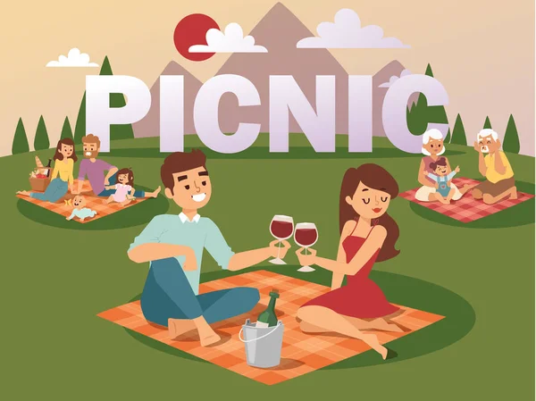 Persone in estate picnic vettoriale illustrazione. Famiglia giovane con figli, coppia romantica all'appuntamento, nonni che giocano con la nipote. Buon tempo insieme — Vettoriale Stock