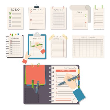 Agenda list vector business paper clipboard in flat style self-adhesive checklist notes schedule calendar planner organizer article illustration. clipart