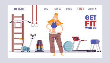 Fitness stüdyosu tasarımı, vektör çizimi. Spor salonu iniş sayfası konsepti, kişisel antrenör ve grup eğitim sınıfıyla kilo verme programı