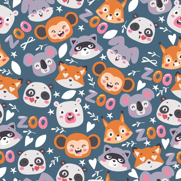 Zoo animals seamless pattern, vector illustration. Cute cartoon characters, smiling faces of raccoon, panda, koala, fox and monkey. Funny animals print design — Stock Vector