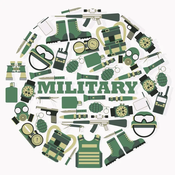 Vojenská munice v kulatém rámu, vektorová ilustrace. Armádní vybavení, izolované předměty a ikony v plochém stylu. Maskovací uniforma a zbraně pro vojáky — Stockový vektor