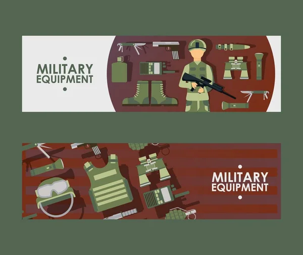 Banner militärischer Ausrüstung, Vektorillustration. Header der Armee-Shop-Website im flachen Stil. Tarnuniform und Waffen für Soldaten, Werbeflyer für Militärläden — Stockvektor