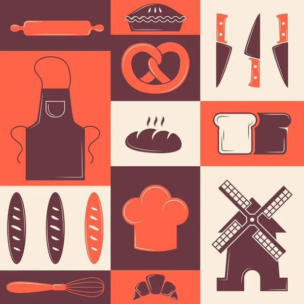 Bakkerij iconen in kleurrijke collage, vector illustratie. Set stickers voor bakkerij producten, decoratieve wandposter met culinaire symbolen. Bakeshop verpakkingsdruk — Stockvector
