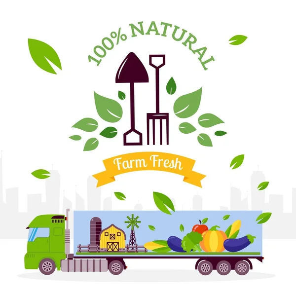 Transporte natural de alimentos, ilustración vectorial. Camión entrega productos ecológicos de la granja local a la tienda de comestibles y supermercado. Verduras ecológicas, cultivadas naturalmente — Archivo Imágenes Vectoriales