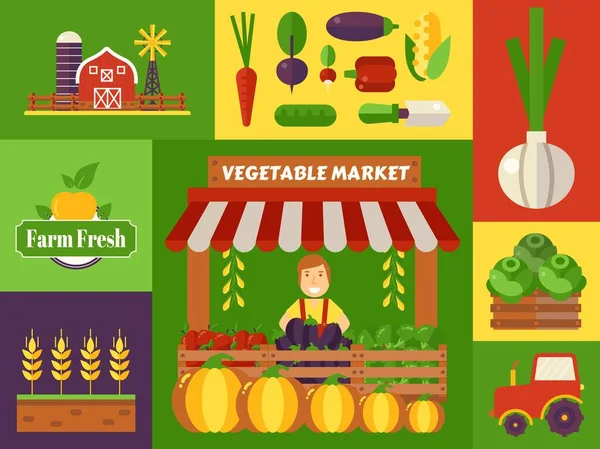本地农产品蔬菜市场,病媒图解. 彩色贴纸拼贴在平面设计上,收获佳节图标. 支持生态农民 — 图库矢量图片