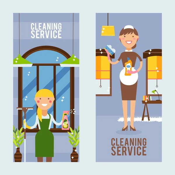 Serviço de limpeza banner vertical, ilustração vetorial. Limpeza profissional de casa e escritório, mulheres sorridentes com detergentes de lavagem, janelas limpas espumantes — Vetor de Stock