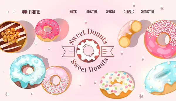 Donut website, ilustração vetorial. Padaria design de landing page, seleção de donuts doces. Patisserie home page template, café local com donuts caseiros e sobremesas —  Vetores de Stock