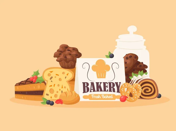 Produtos de padaria, ilustração vetorial. Cartaz para bakeshop, deliciosos bolos e biscoitos, pão fresco assado. Capa de menu de café de pastelaria, seleção de sobremesas caseiras —  Vetores de Stock