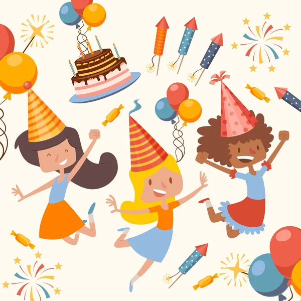 Festa de aniversário de crianças, ilustração vetorial. Meninas felizes pulando e dançando, personagens de desenhos animados bonitos. Amigos comemorando aniversário juntos — Vetor de Stock