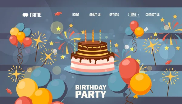 Herzlichen Glückwunsch zum Geburtstag Website-Design, Vektorillustration. Hintergrund für Landing Page Template, dekoriert mit Geburtstagstorte, Luftballons und Feuerwerk — Stockvektor
