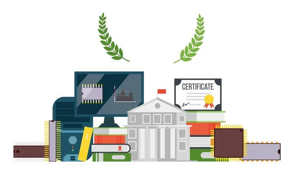 Treinamento de criação de microchips, ilustração vetorial de certificado universitário. Obtenção de informações multifacetadas sobre o computador —  Vetores de Stock