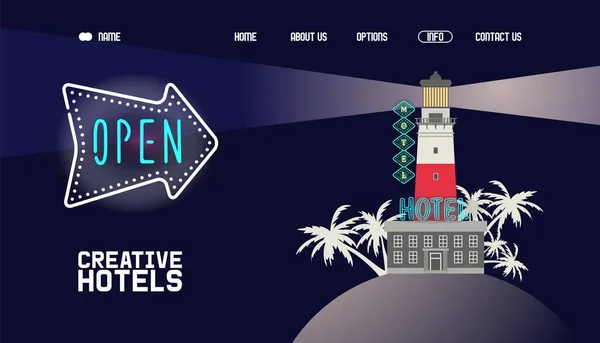 Banner de néon, hotel criativo aberto para visitantes na ilustração vetor noite. Edifício de motel no farol na costa com sinal luminoso —  Vetores de Stock