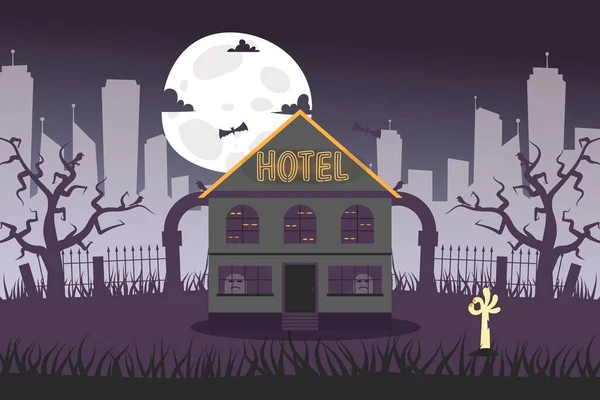 Неоновый баннер мрачный отель рядом с заброшенной векторной иллюстрацией кладбища. Темный дом с привидениями, глаза в окнах. Аренда гостиниц — стоковый вектор