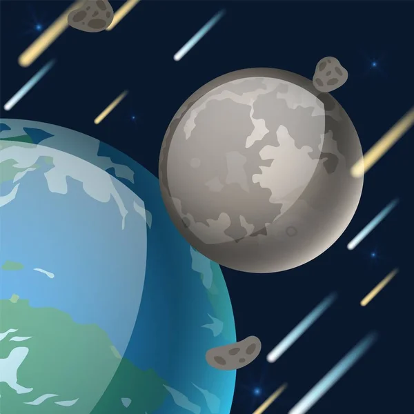 Sistem planetar, ilustraţie vectorială naturală prin satelit. Obiect spaţial care se roteşte lângă Pământ. Suprafata gri luna, cratere — Vector de stoc