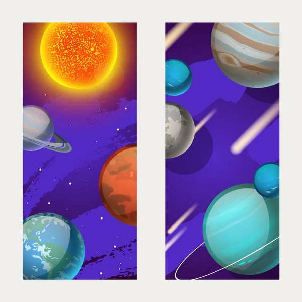 Planetsystem, planetrörelse runt solvektorns illustration. Kvicksilver, Venus, Jorden och Mars i yttre rymden galax, vykort — Stock vektor