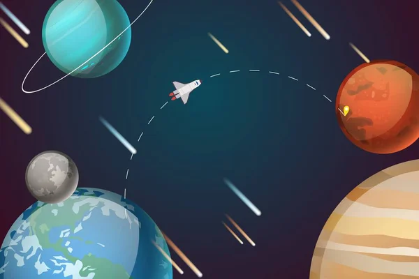 Raket reis in planeet systeem vector illustratie. Ruimtetransportpad naar Mars, tik op object, ruimteverkenning. — Stockvector
