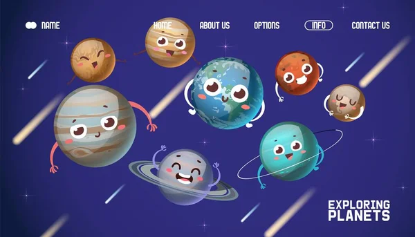 Sistema planetario, explorando planetas aterrizaje bandera vector ilustración. Personaje de dibujos animados Júpiter, Saturno, Urano, Neptuno . — Archivo Imágenes Vectoriales