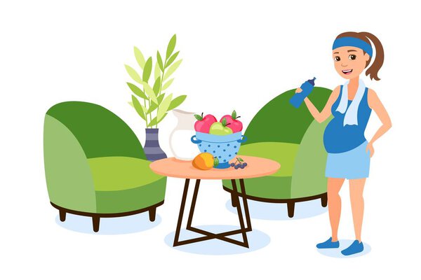 Окончательная беременность, после тренировки поддерживает водный баланс на векторной иллюстрации тела. Здоровый образ жизни при вынашивании ребенка, спорт
