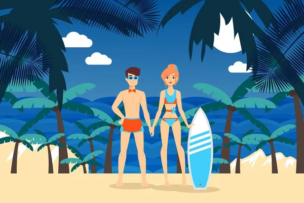 Risultato delle attività marittime. Surf sulle isole tropicali illustrazione vettore riva. Uomo e donna in costume da bagno in piedi sulla spiaggia — Vettoriale Stock