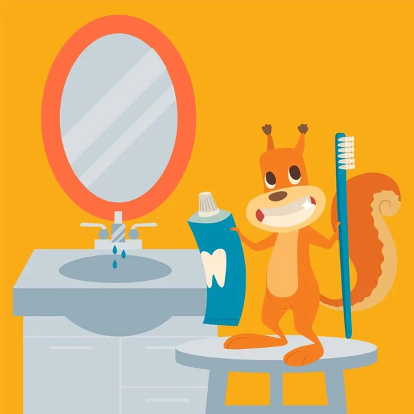 Mókus fogmosás, orális egészségügyi megelőző vektor illusztráció. Rajzfilm karakter fürdőszoba, mosdó, tükör és széklet. — Stock Vector