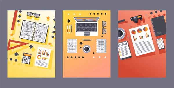 Teamwork tabel set elementen, laptop en noot vector illustratie. Gelijkmatig verdeelde briefpapier voor notities tijdens het werk, schema. — Stockvector