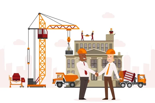 Técnica de construcción, acuerdo de celebración entre empresarios ilustración vectorial. Grúa de elevación en las instalaciones, equipo constructor — Vector de stock