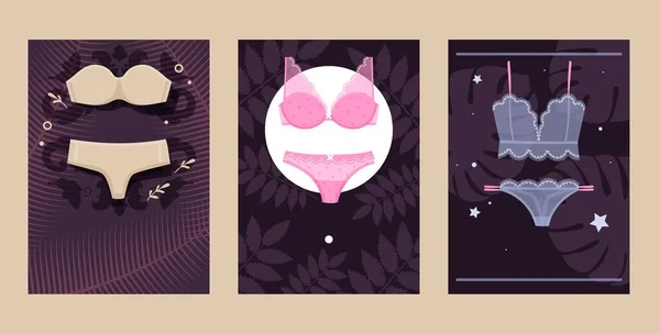 Catálogo tienda de ropa interior, juegos de variedades para mujeres, ilustración vectorial. Sujetador y calzoncillos lisos de encaje beige, rosa y negro . — Vector de stock