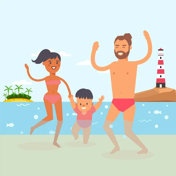 Bambino che cammina al resort sulla spiaggia, acqua cristallina dell'oceano, illustrazione vettoriale. Giovane famiglia con bambino che fa i primi passi in acqua . — Vettoriale Stock