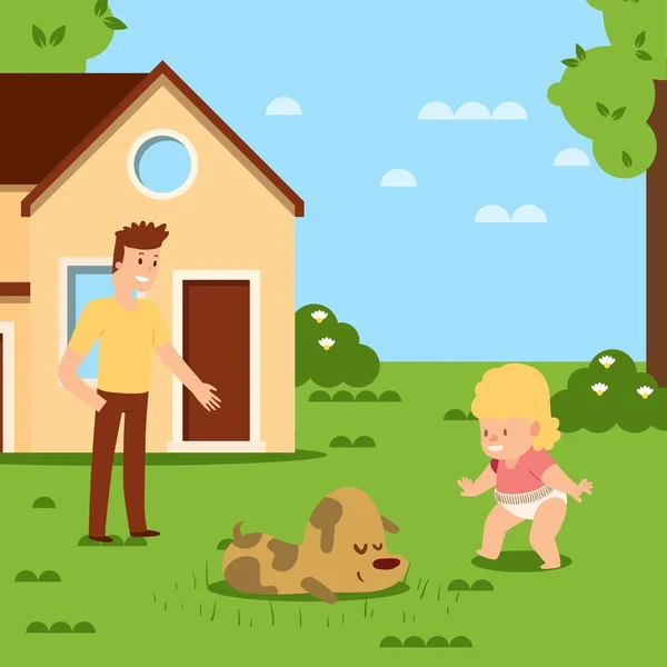 Caminhando bebê primeiro passo em casa ilustração vetorial jardim limpo. Personagem de bebê em fralda chegar até seus pés perto de animal de estimação na grama . — Vetor de Stock